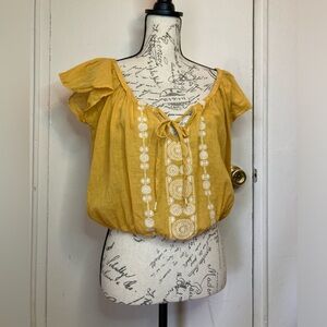 Yellow Gold Bohemian Embroided Floral Mandala Flutter Sleeve Flowy Cropped Top